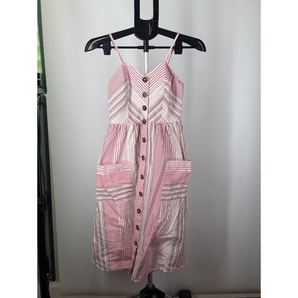 Japna Women Red White Striped Cotton Linen Button Front Midi Dress Size M